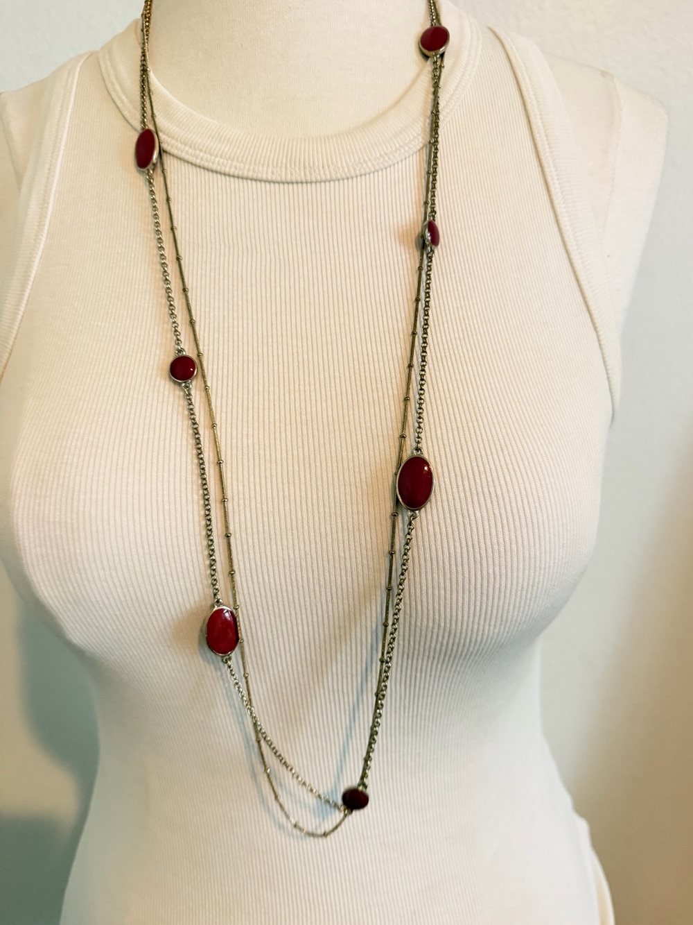 Ann Taylor Long Multi-Strand Necklace with Red Cabochons